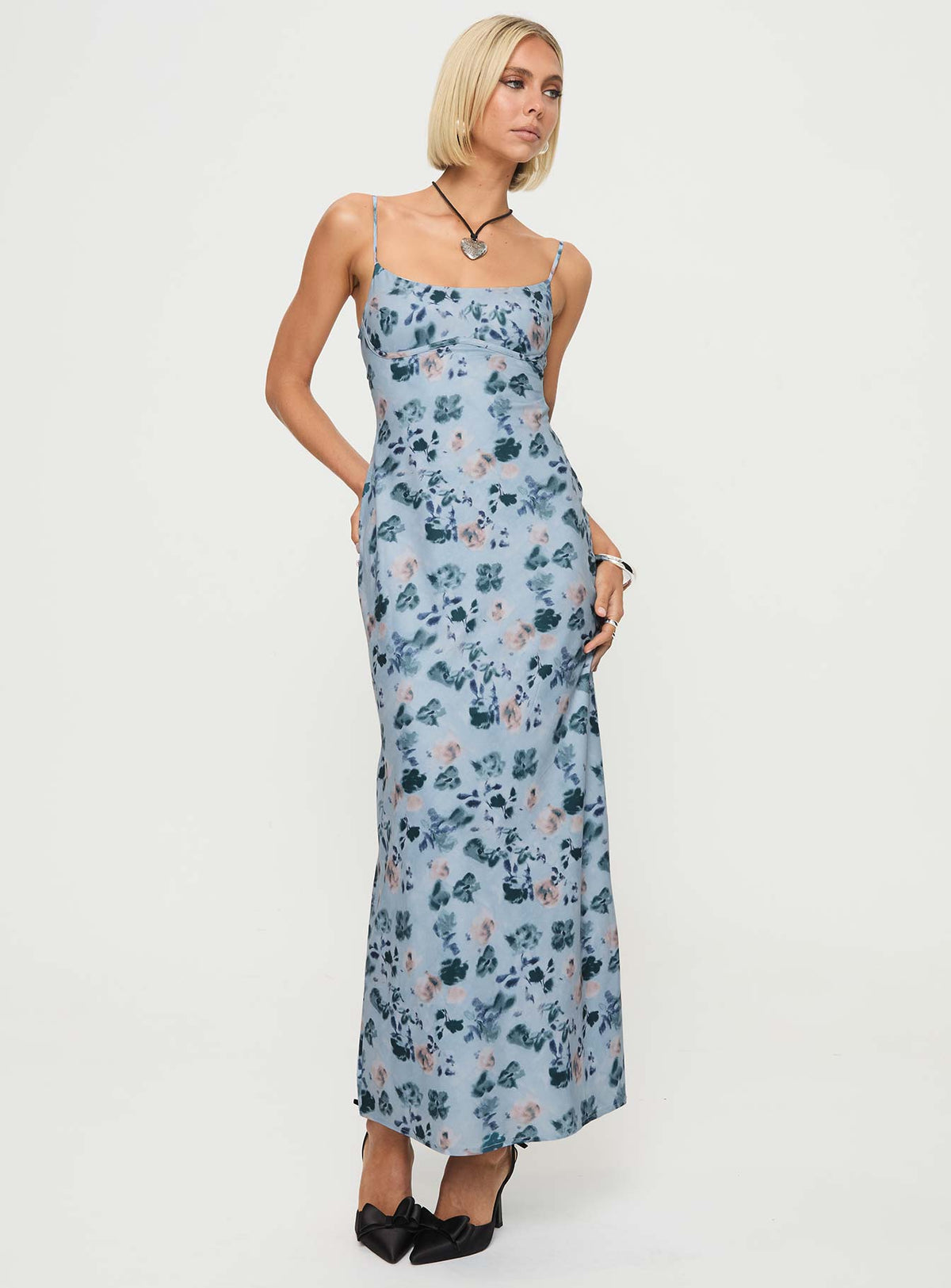 front view of model wearing Princess Polly Ravia Maxi Dress Blue / Floral Square Neck 