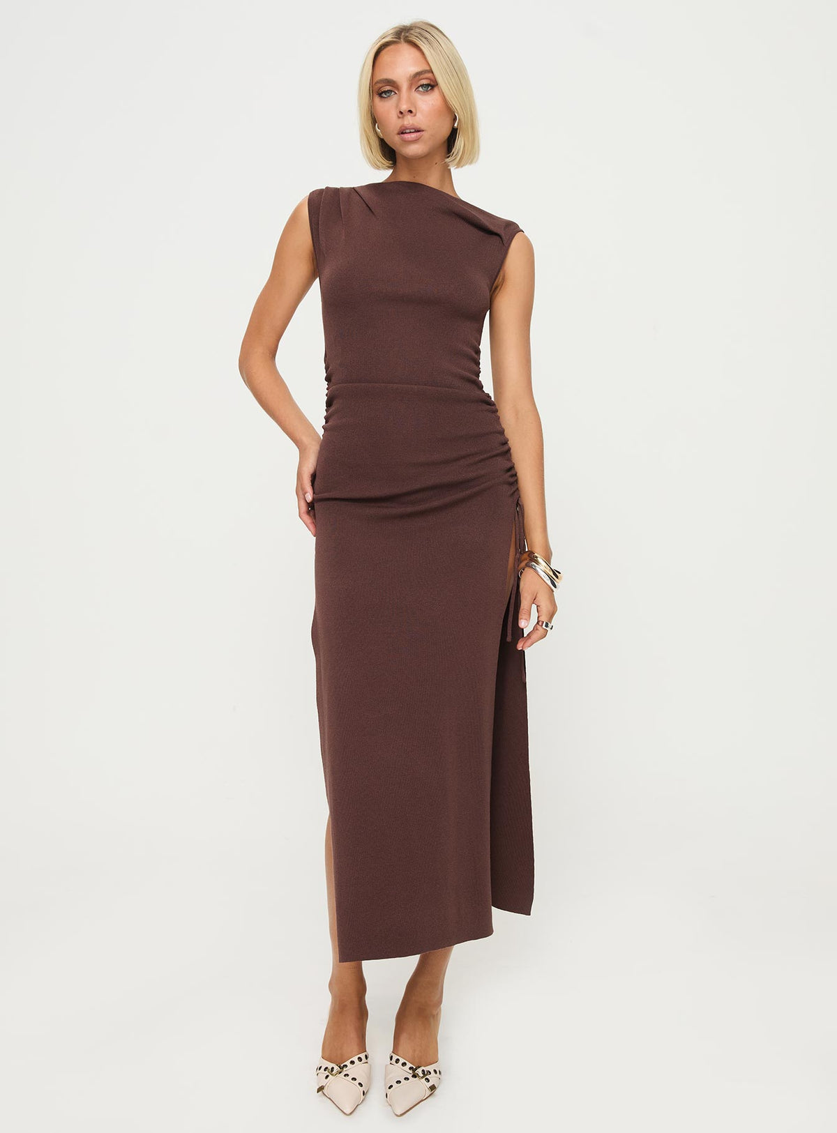 front view of model wearing Princess Polly Original Sin Dress Midi Dress Chocolate Asymmetric Neckline 