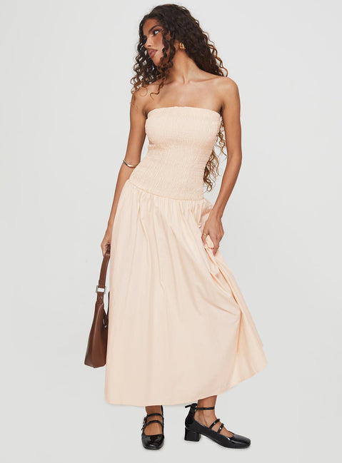 front view of model wearing Princess Polly Atara Maxi Dress Cream Straight Neck 