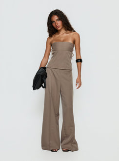 front view of model wearing Princess Polly Madelle Mid Rise Straight Leg Pants Brown Pinstripe Mid Rise Pants Pants 
