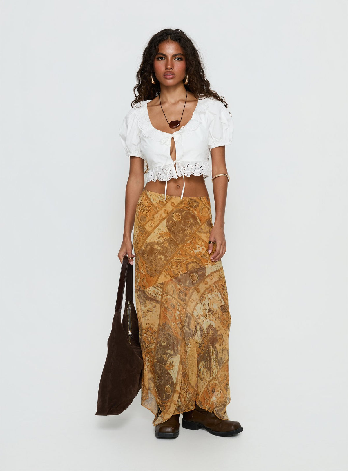   side view of model wearing Princess Polly Lyanna Hanky Hem Maxi Skirt Multi Maxi Skirts Skirts 
