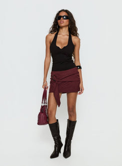   front view of model wearing Princess Polly Lowretta Faux Suede Belt Mini Skirt Burgundy Mini Skirts Skirts 
