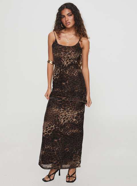 side view of model wearing Princess Polly Knox Maxi Dress Leopard Scoop Neck 