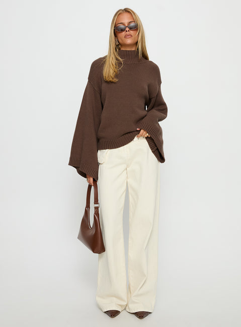 front view of model wearing Princess Polly Neriel Funnel Neck Knit Sweater Chocolate Longline Jumpers Jumpers 