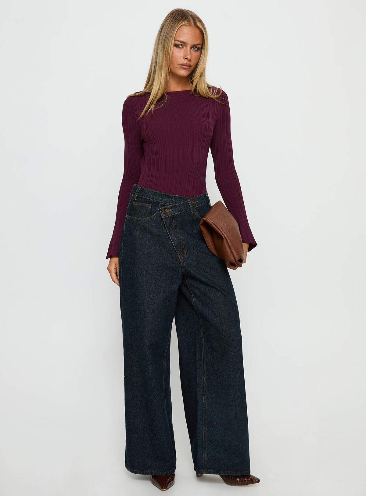 front view of model wearing Princess Polly Mayok Long Sleeve Bodysuit Plum Long Sleeve Tops Bodysuit 