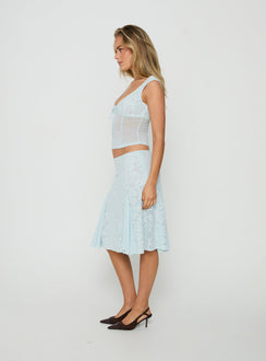 Crafted from delicate fabric, the Quani Lace Midi Skirt Blue womens-skirts shows fitted aline shape side view of model wearing Princess Polly