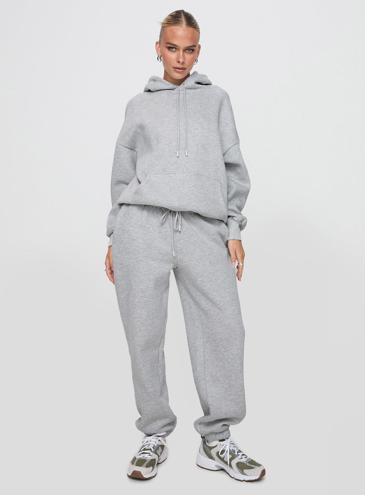 back view of model wearing Princess Polly Dream Fleece Classic Hoodie Grey Marle Longline Jumpers Jumpers 