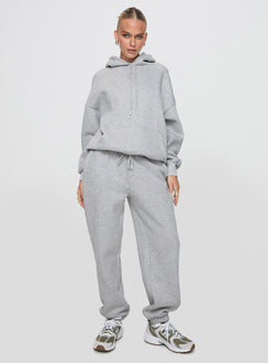 back view of model wearing Princess Polly Dream Fleece Classic Hoodie Grey Marle Longline Jumpers Jumpers 