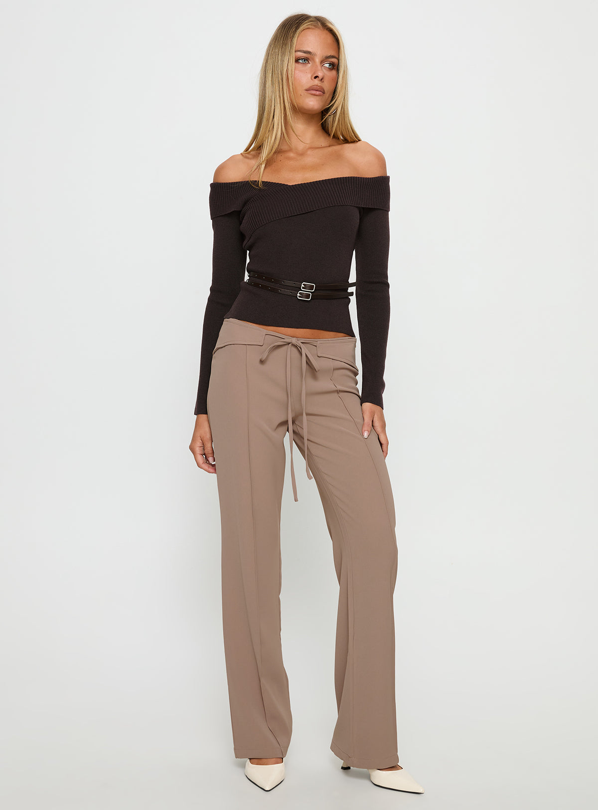 front view of model wearing Princess Polly Narratives Wrap Tie Trouser Pant Taupe Mid Rise Pants Pants 