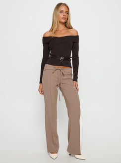 front view of model wearing Princess Polly Narratives Wrap Tie Trouser Pant Taupe Mid Rise Pants Pants 