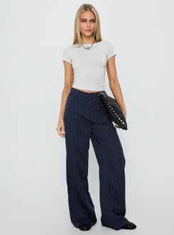 front view of model wearing Princess Polly Lorenne Mid Rise Pant Navy Pinstripe High Rise Pants Pants 