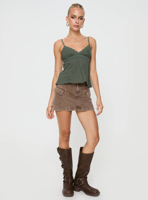 front view of model wearing Princess Polly Lunya Top Green Sleeveless V-Neck 