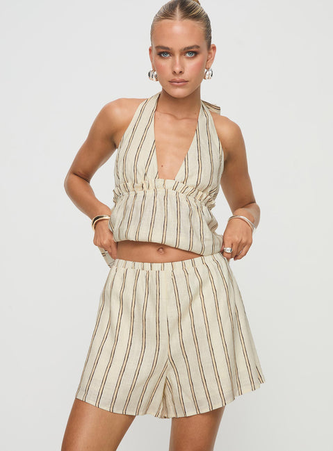 Striped linen set Halter neck top, tie fastening, elasticated band under bust, v-neckline