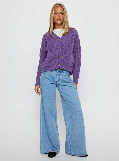 side view of model wearing Princess Polly Dillian Cable Knit Cardigan Purple Cropped Jumpers Jumpers 