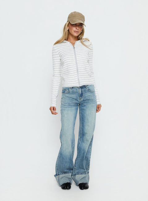Discover the Superstars Zip Through Hoodie Grey / Cream Stripe womens-jumpers in short length front view of model wearing Princess Polly
