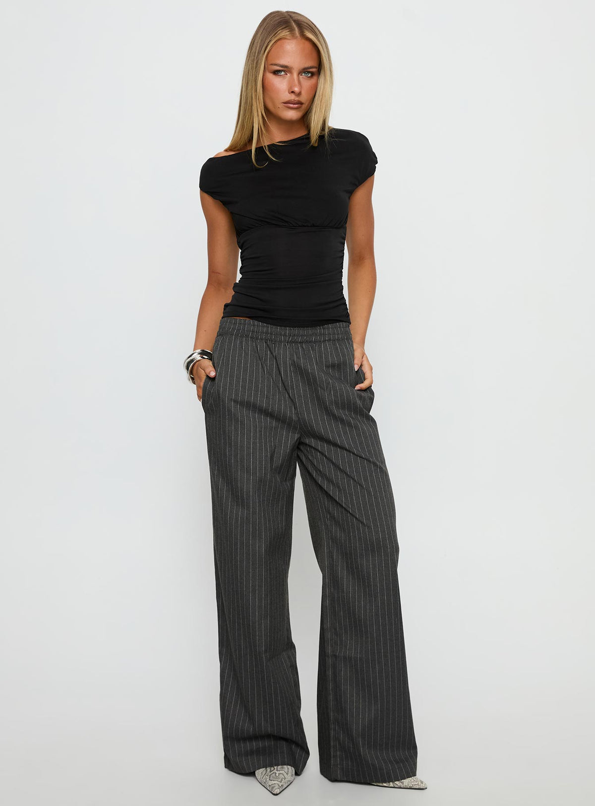 front view of model wearing Princess Polly Jaysa Baggy Wide Leg Pant Grey Pinstripe High Rise Pants Pants 