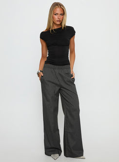 front view of model wearing Princess Polly Jaysa Baggy Wide Leg Pant Grey Pinstripe High Rise Pants Pants 