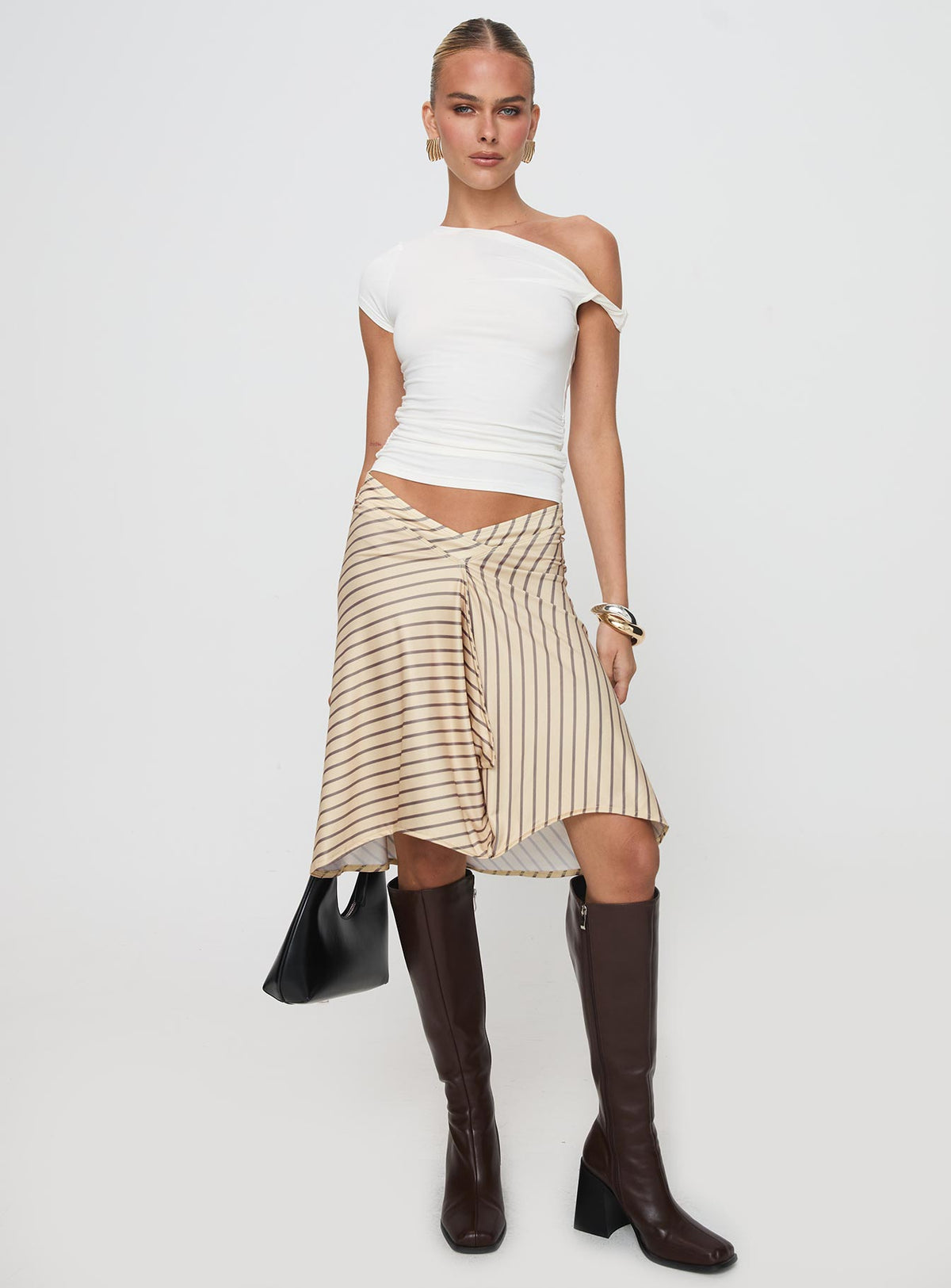 front view of model wearing Princess Polly Fabre Top White Short Sleeves Asymmetric Neckline 