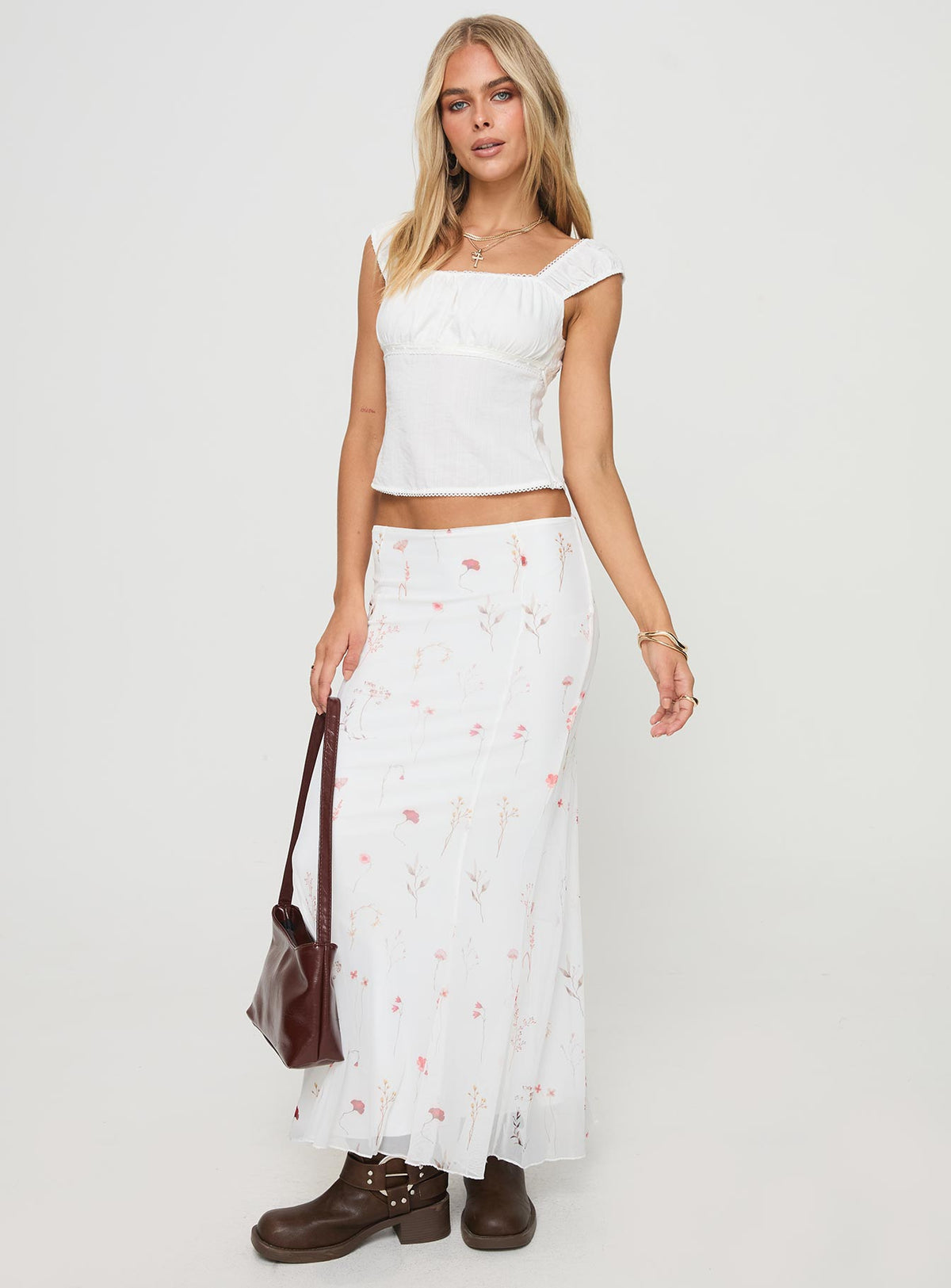   front view of model wearing Princess Polly Breezewood Maxi Skirt White Maxi Skirts Skirts 