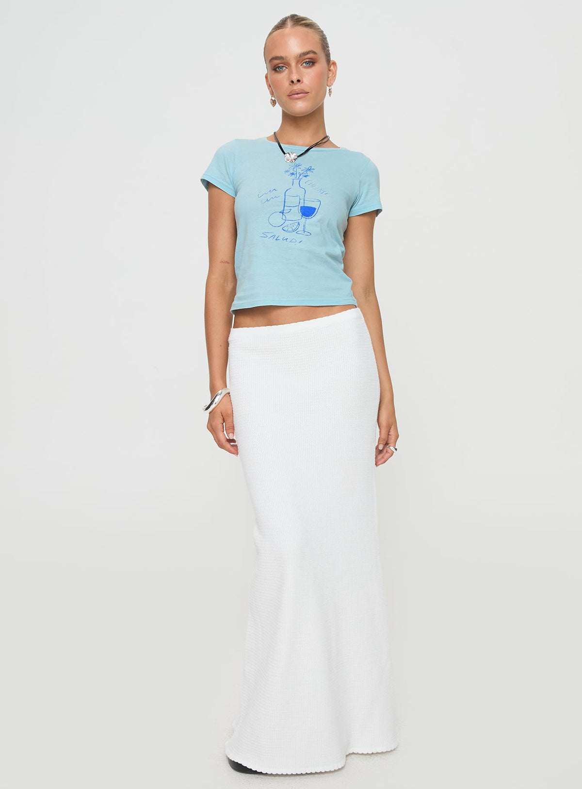 front view of model wearing Princess Polly Cheers To You Tee Blue Short Sleeves Crew Neck 