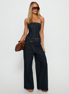 front view of model wearing Princess Polly Blue Crush Low Rise Wide Leg Jeans Indigo Mid Rise Jeans Jeans 