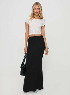 back view of model wearing Princess Polly Topping Maxi Skirt Black Maxi Skirts Skirts 