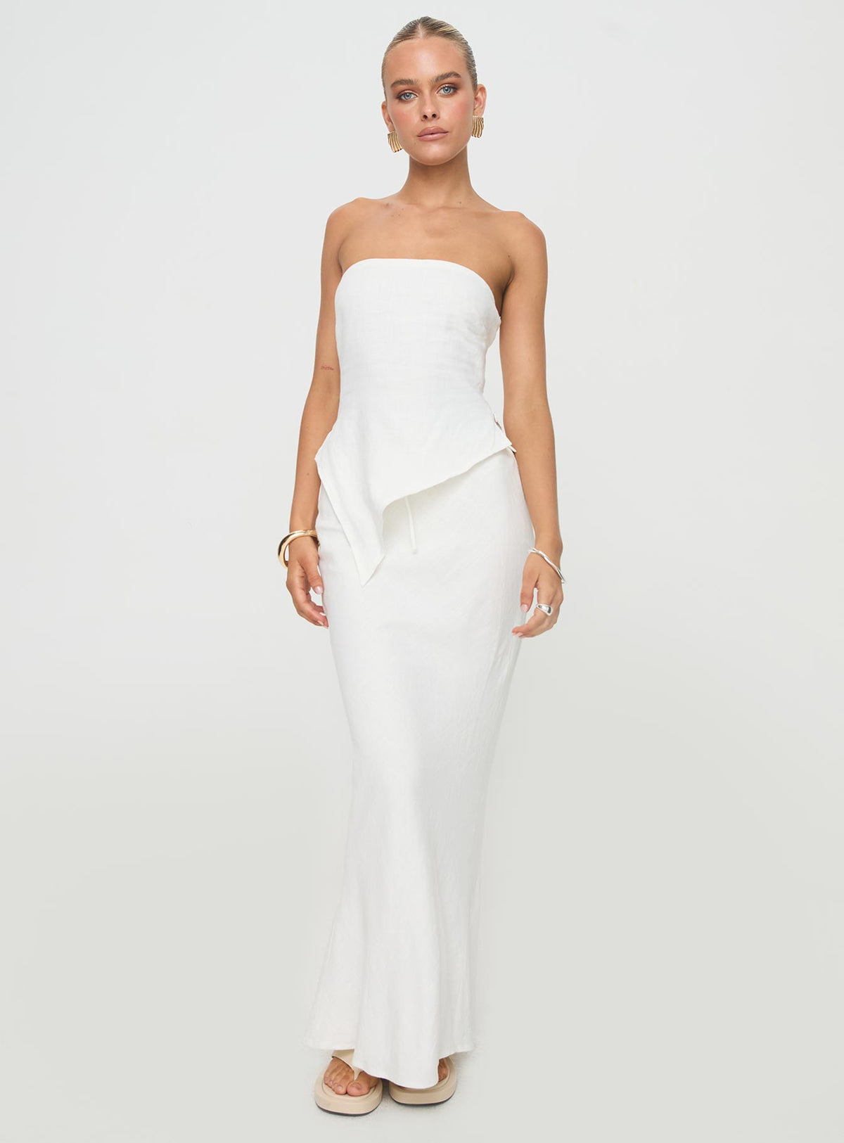 back view of model wearing Princess Polly Birdie Asymmetric Linen Blend Top White Sleeveless straight 