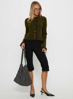 Shop the Inclination Frill Cardigan Moss womens-jumpers in short length front view of model wearing Princess Polly