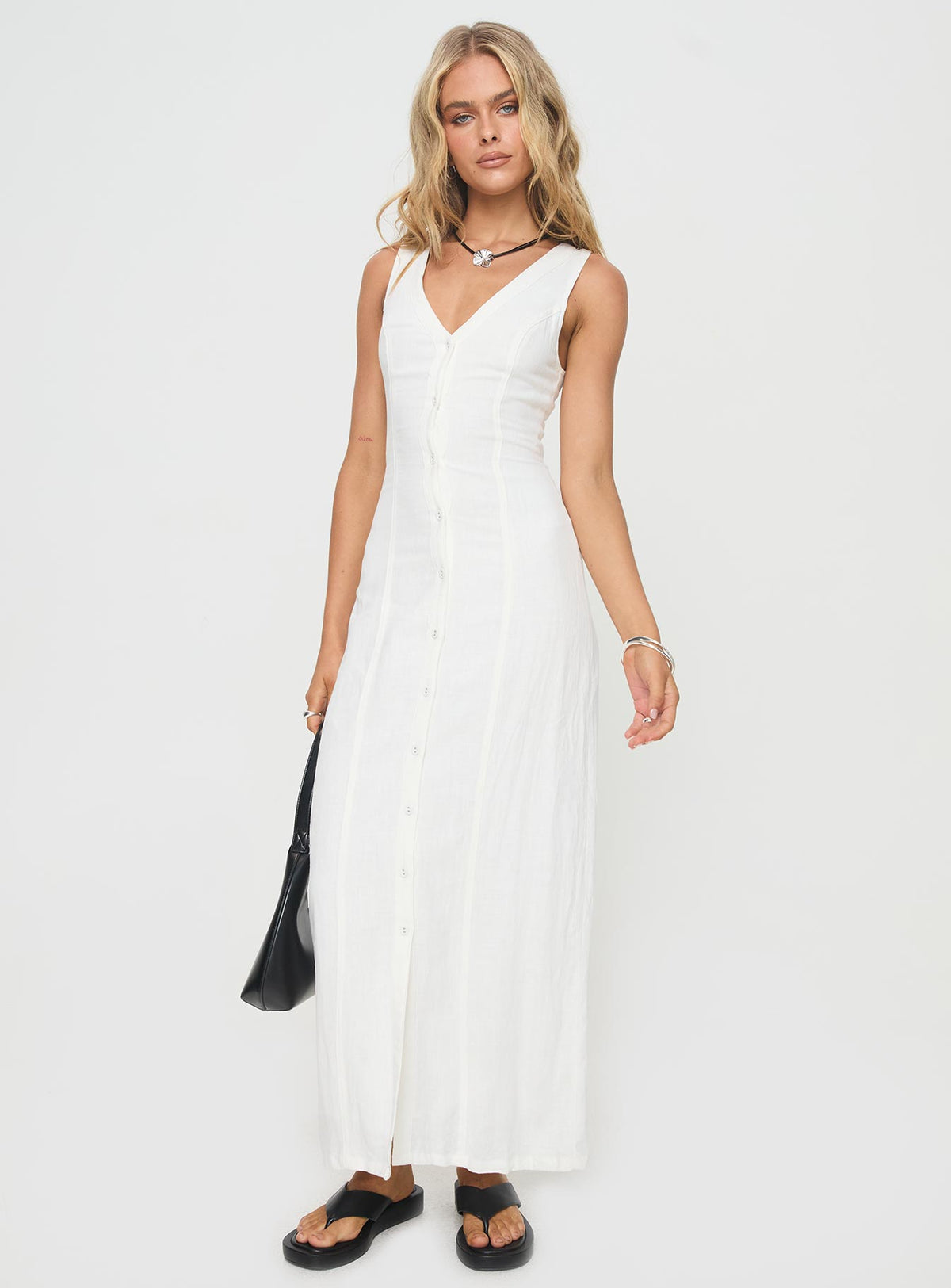 side view of model wearing Princess Polly Summer Season Linen Blend Maxi Dress White Petite V-Neck 