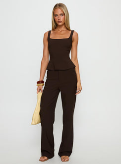 side view of model wearing Princess Polly Kinsie Tailored Pants Brown High Rise Pants Pants 