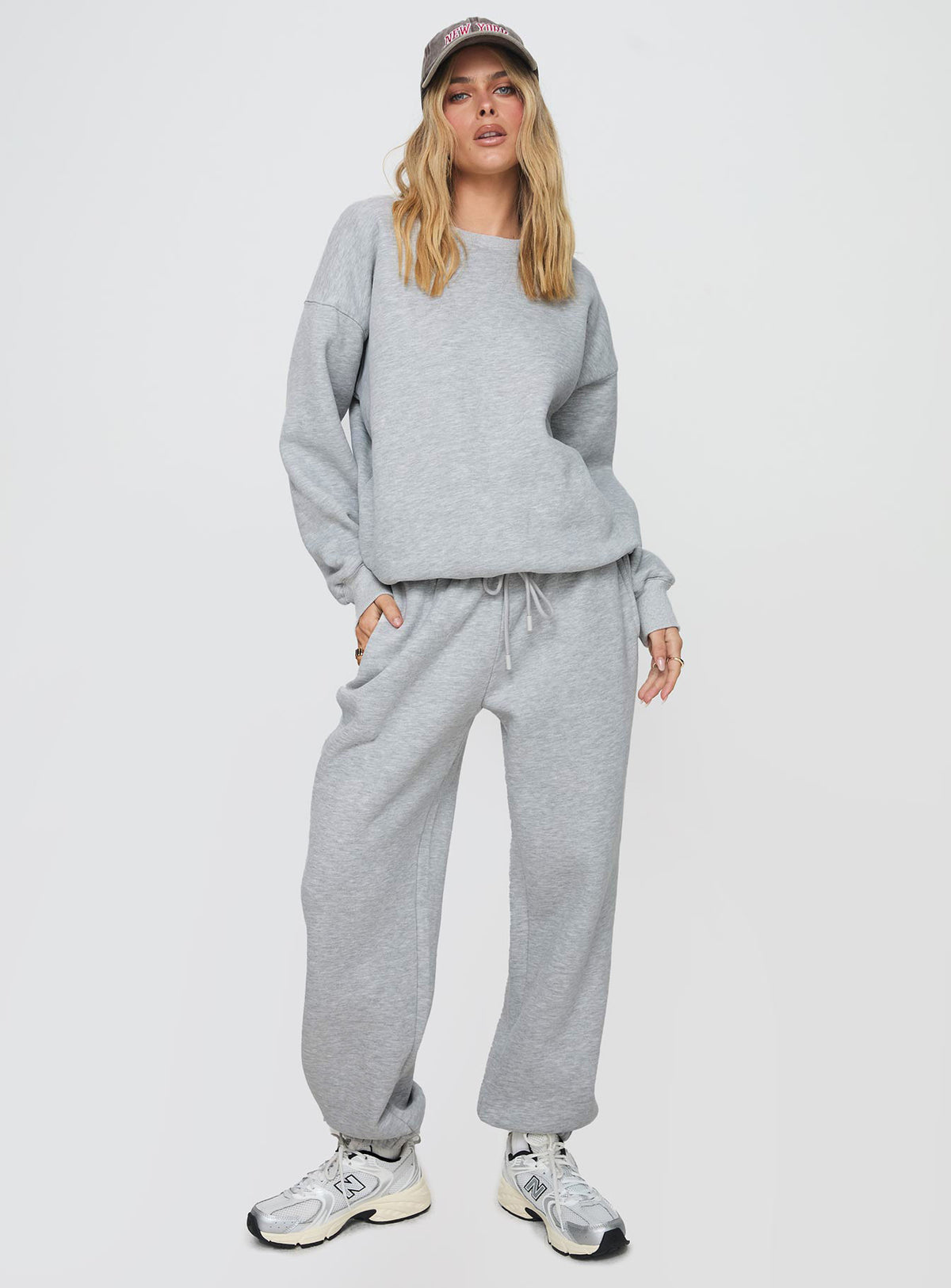 front view of model wearing Princess Polly Dream Fleece Classic Crewneck Sweatshirt Grey Marle Jumpers 