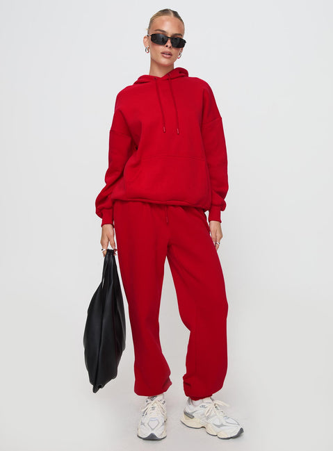 front view of model wearing Princess Polly Dream Fleece Ankle Cuff Sweatpants Red High Rise Pants Pants 
