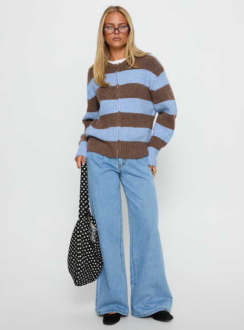 Designed with the Queena Zip Through Knit Sweater Blue Stripe in womens-jumpers featuring long fit on-body view of model wearing Princess Polly