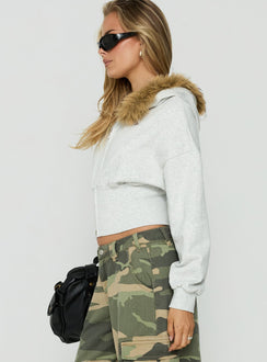 Explore the Ramonda Faux Fur Hooded Jumper in Grey Marle, a short oversized womens jumper, side view of model wearing Princess Polly