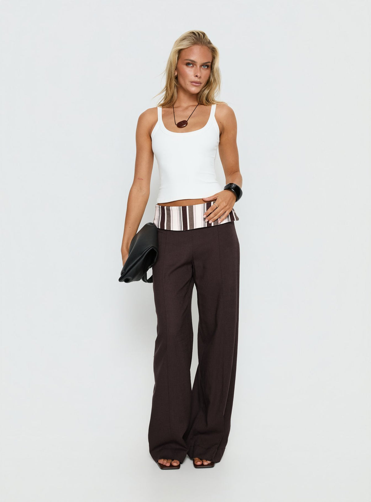 front view of model wearing Princess Polly Quenlin Folded Straight Leg Pant Multi Mid Rise Pants Pants 