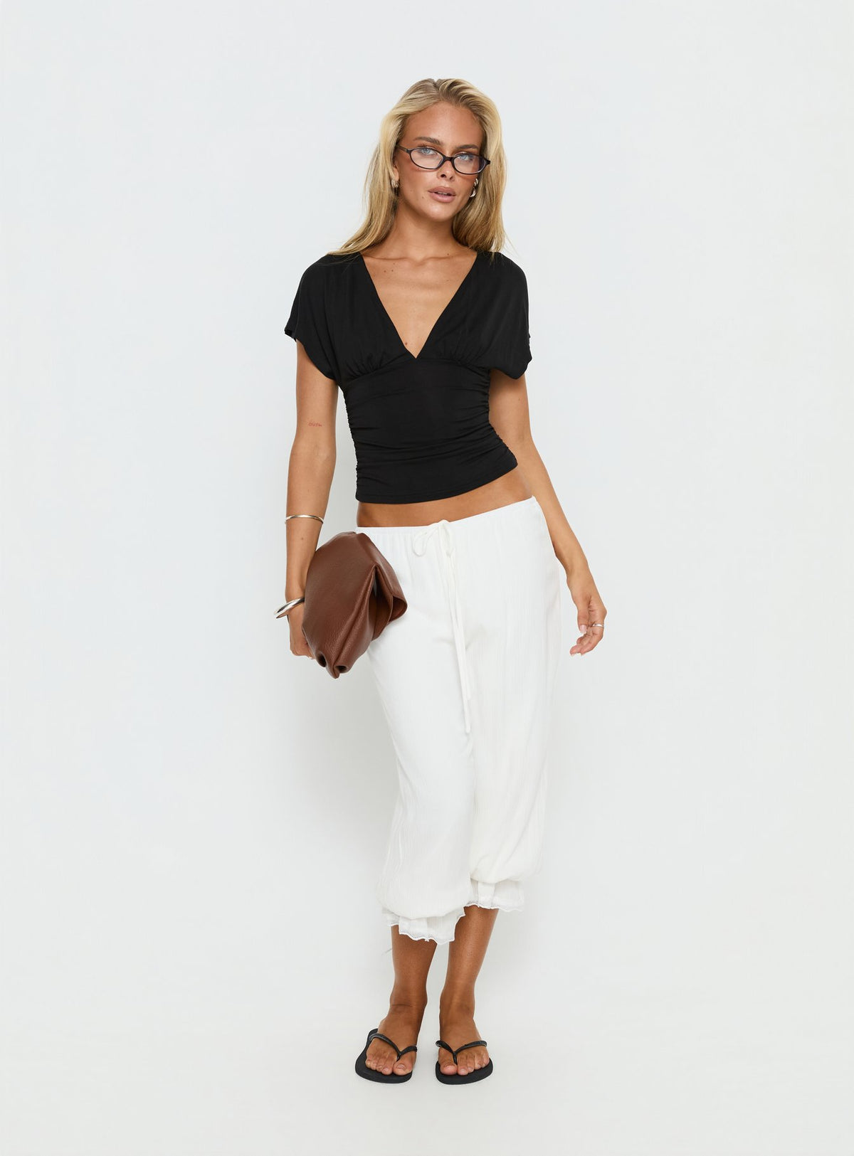 front view of model wearing Princess Polly Basma Bloomer Trouser Pants Rayon White Mid Rise Pants Pants 