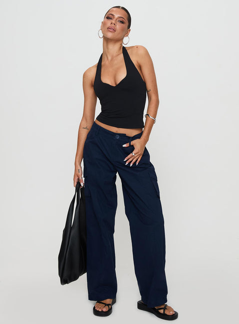 front view of model wearing Princess Polly Major General Cargo Pant Navy Low Rise Pants Pants 
