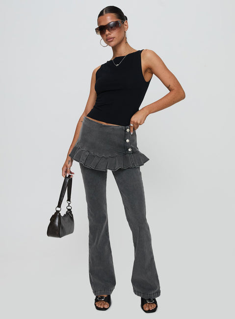 front view of model wearing Princess Polly Jordynne Layered Pant Washed Black High Rise Pants Pants 