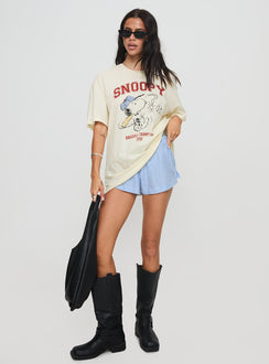 side view of model wearing Princess Polly Snoopy Championship Oversized Tee White Half Sleeves Crew Neck 