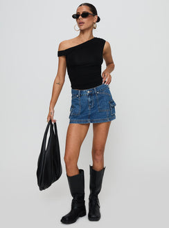   front view of model wearing Princess Polly Pacific Coast Denim Cargo Skirt Dark Wash Mini Skirts Skirts 