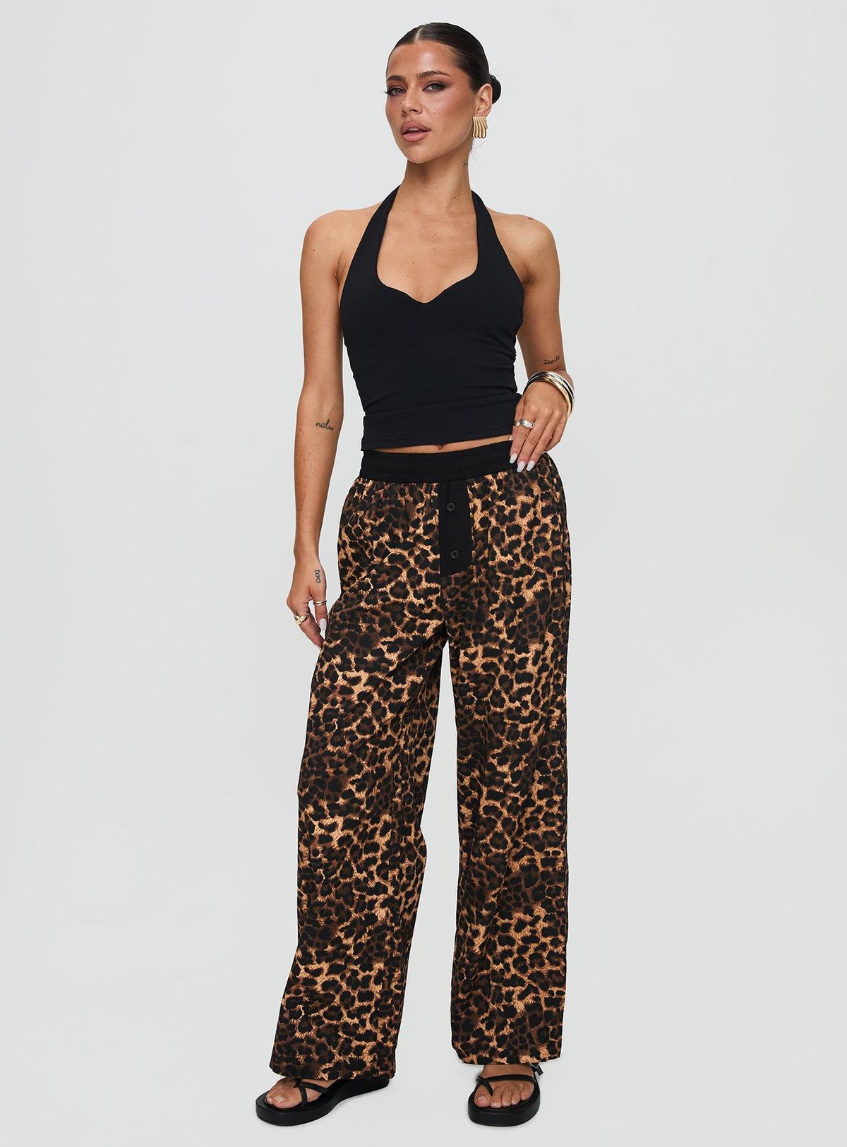 front view of model wearing Princess Polly Zephura Boxer Pant Leopard High Rise Pants Pants 