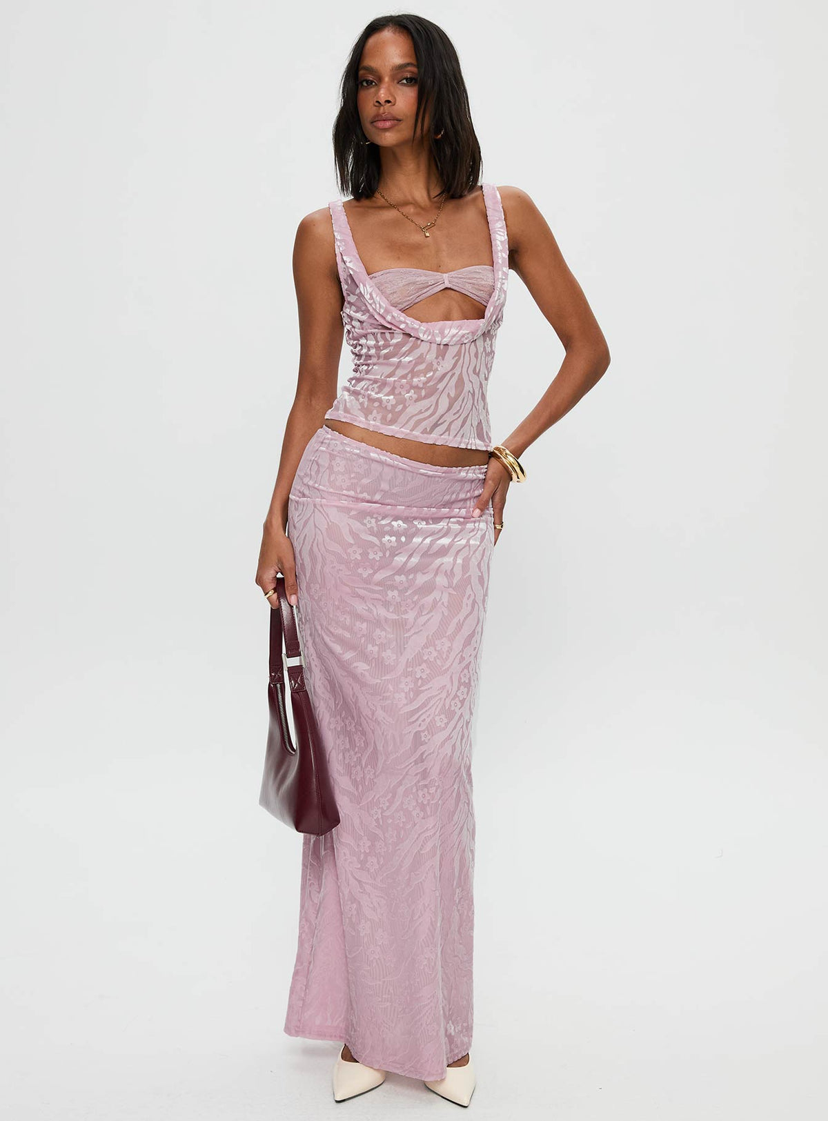   front view of model wearing Princess Polly Kalei Maxi Skirt Pink Floral Maxi Skirts Skirts 