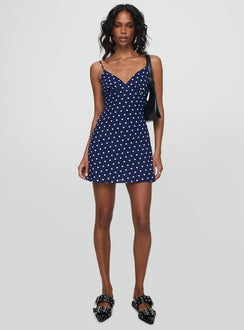 front view of model wearing Princess Polly Chara Mini Dress Navy V-Neck 