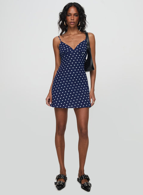 front view of model wearing Princess Polly Chara Mini Dress Navy V-Neck 