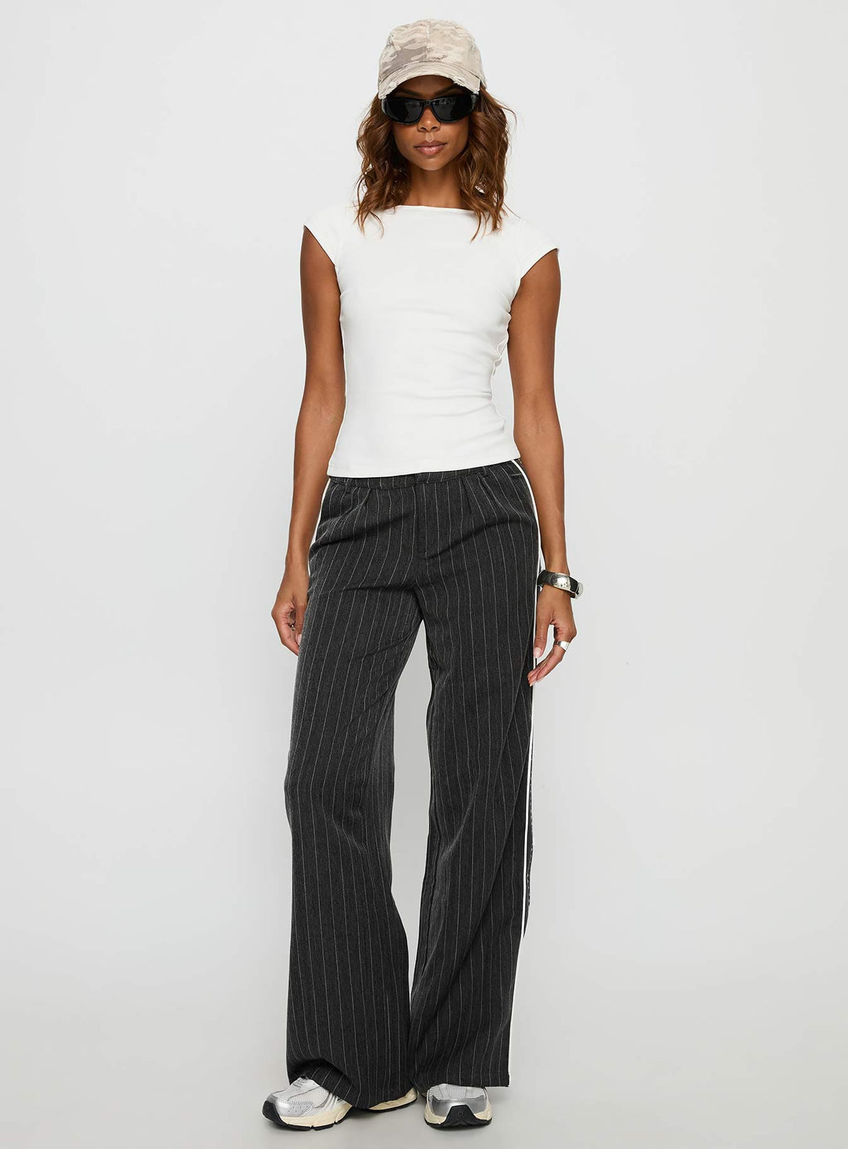 front view of model wearing Princess Polly Knowla Pleated Trouser Pant Grey Pinstripe Mid Rise Pants Pants 