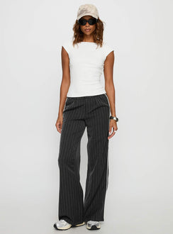 front view of model wearing Princess Polly Knowla Pleated Trouser Pant Grey Pinstripe Mid Rise Pants Pants 