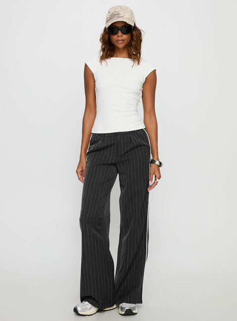 front view of model wearing Princess Polly Knowla Pleated Trouser Pant Grey Pinstripe Mid Rise Pants Pants 