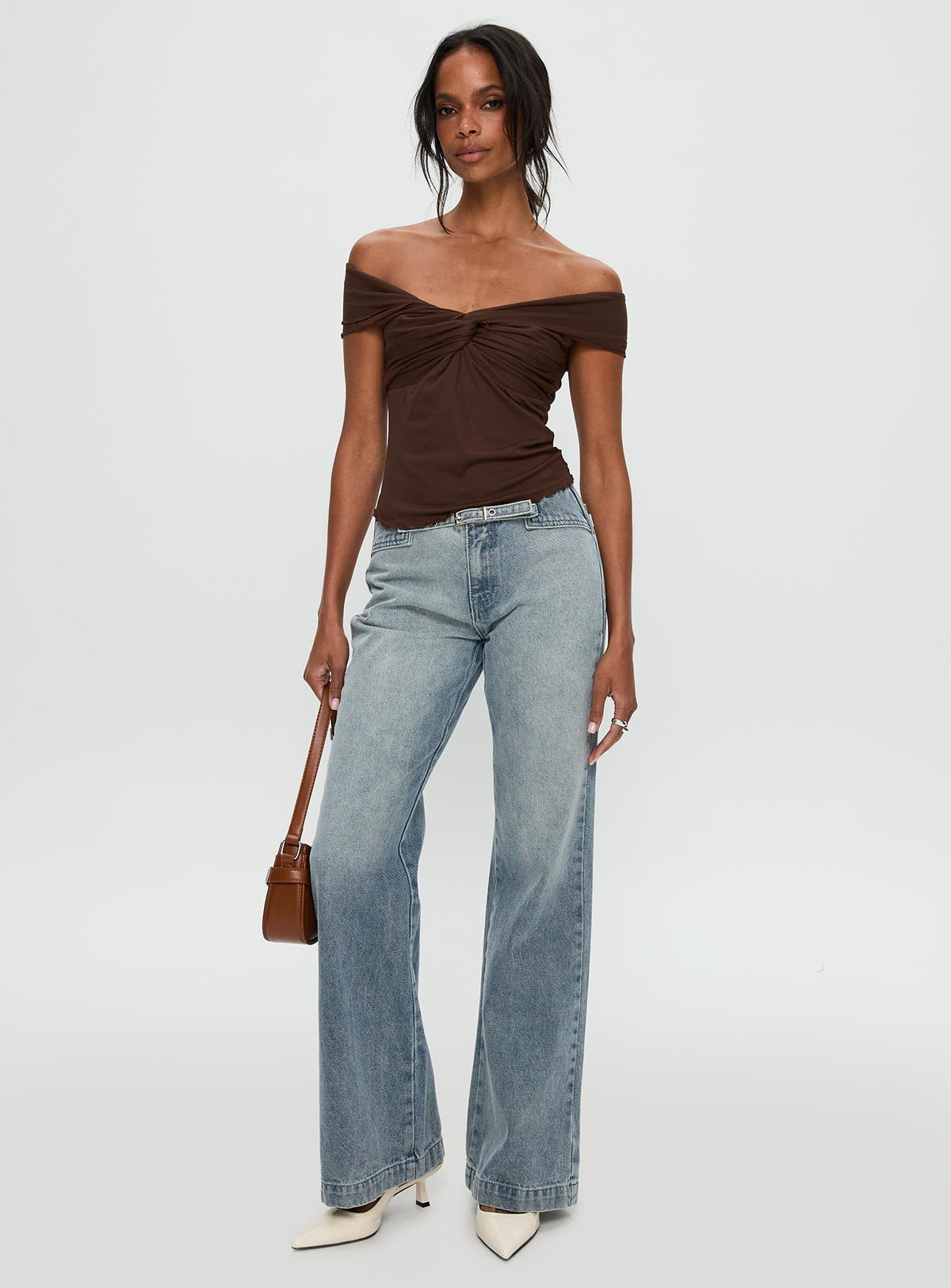 front view of model wearing Princess Polly Suspiria Twist Off Shoulder Top Chocolate Short Sleeves V-Neck 