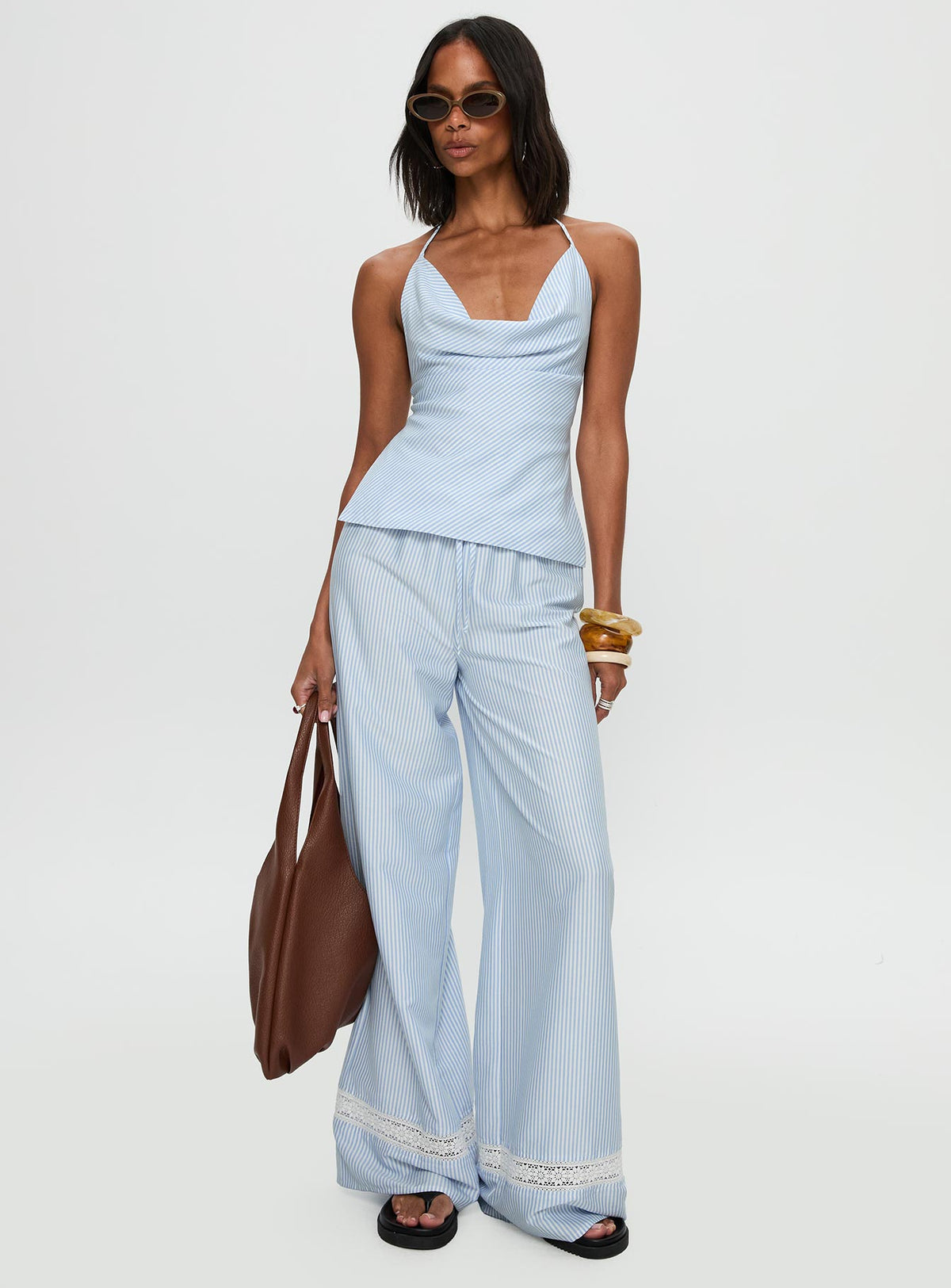 front view of model wearing Princess Polly Summer Too Hot Pant Blue Stripe High Rise Pants Pants 