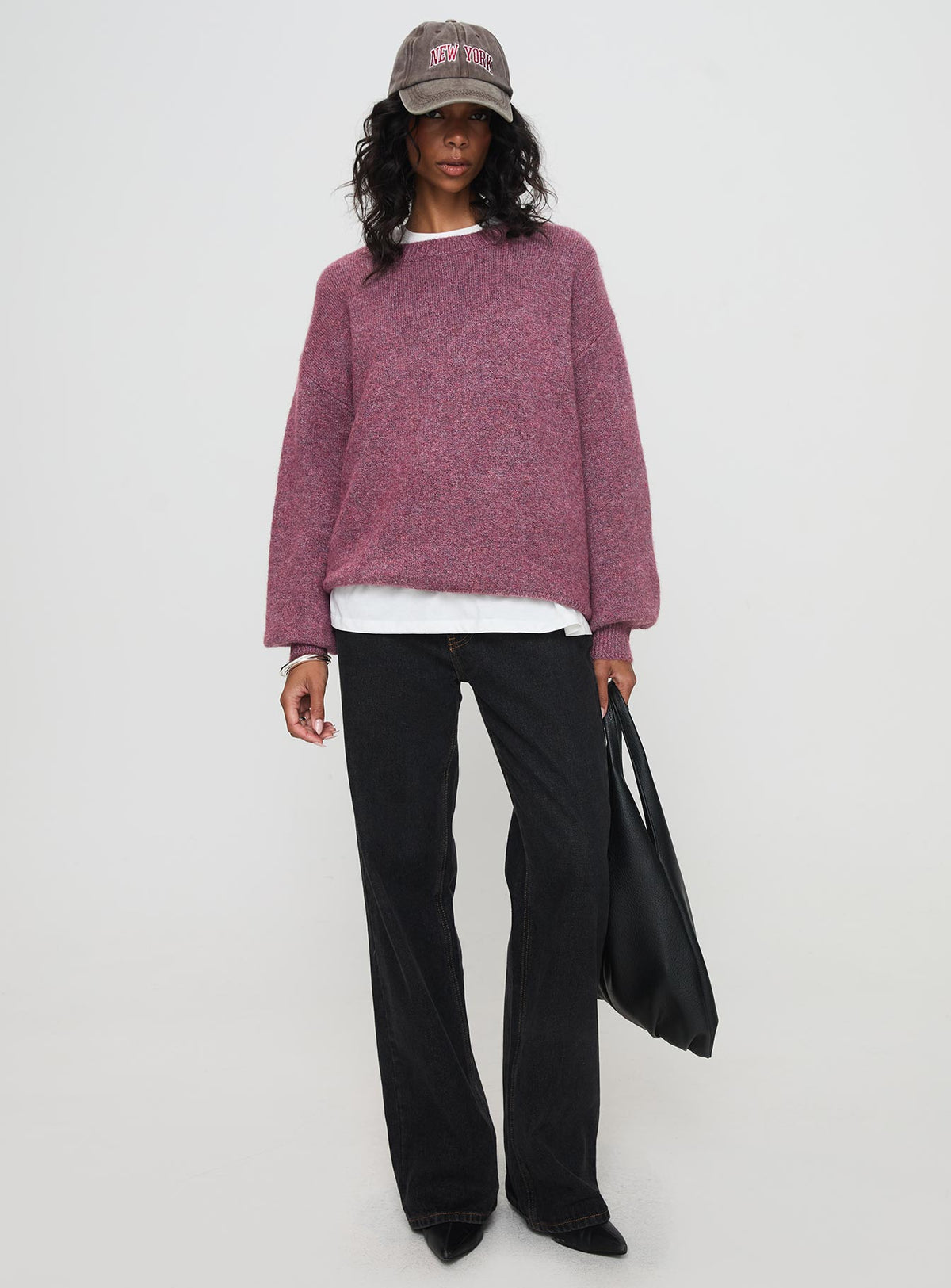 front view of model wearing Princess Polly Ryanna Sweater Burgundy Longline Jumpers Jumpers 